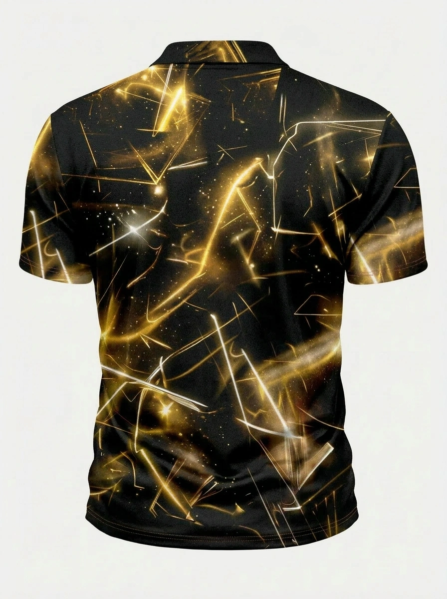 Moisture Wicking Golf Polo 3D Black Gold Lightning Button Short Sleeve Golf Polo Shirt