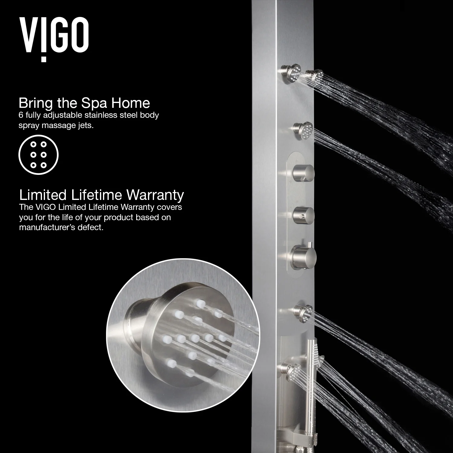 VIGO Dilana 67 in. H x 6 in. W 6-Jet Shower Panel System with Adjustable Round Head and Hand Shower Wand in Stainless Steel