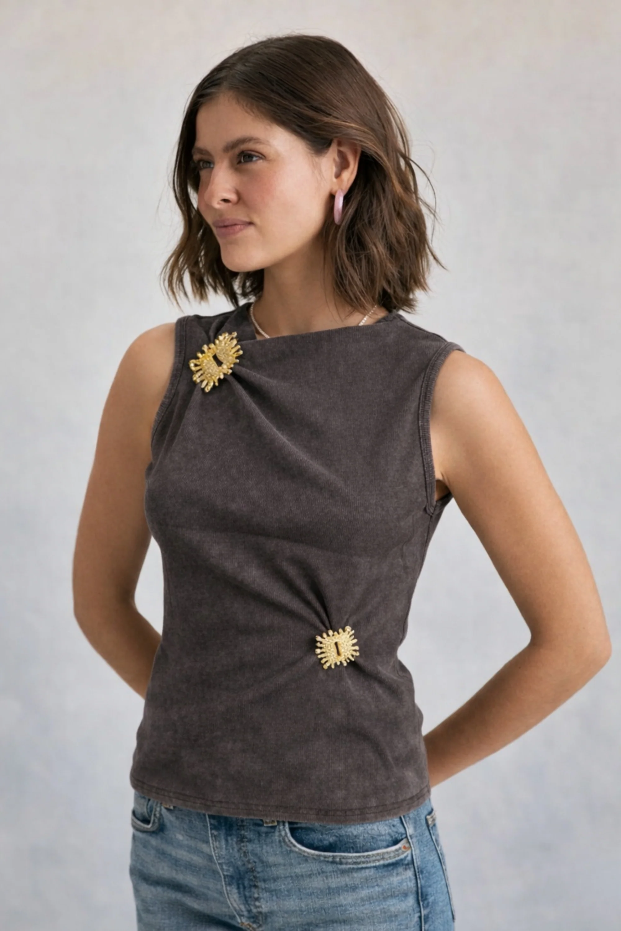 Brown Sleeveless  Top with Gold Accent