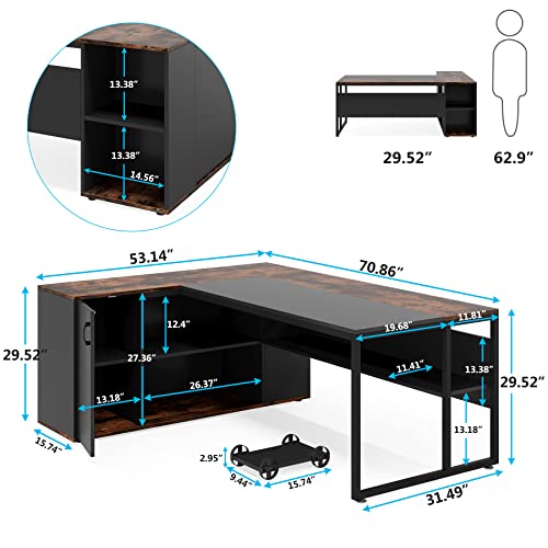 Tribesigns 71 inch Executive Desk, L Shaped Desk with Cabinet Storage, Executive Office Desk with Shelves, Business Furniture Set Workstation for Home Office, Gray and White