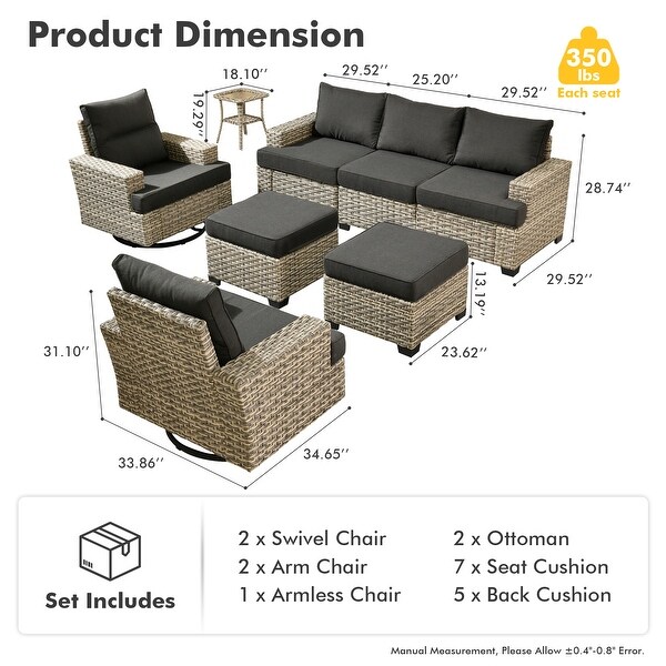 OVIOS 8 Pieces T shaped Seat Wide Armrest Swivel Chair Set With Ottoman
