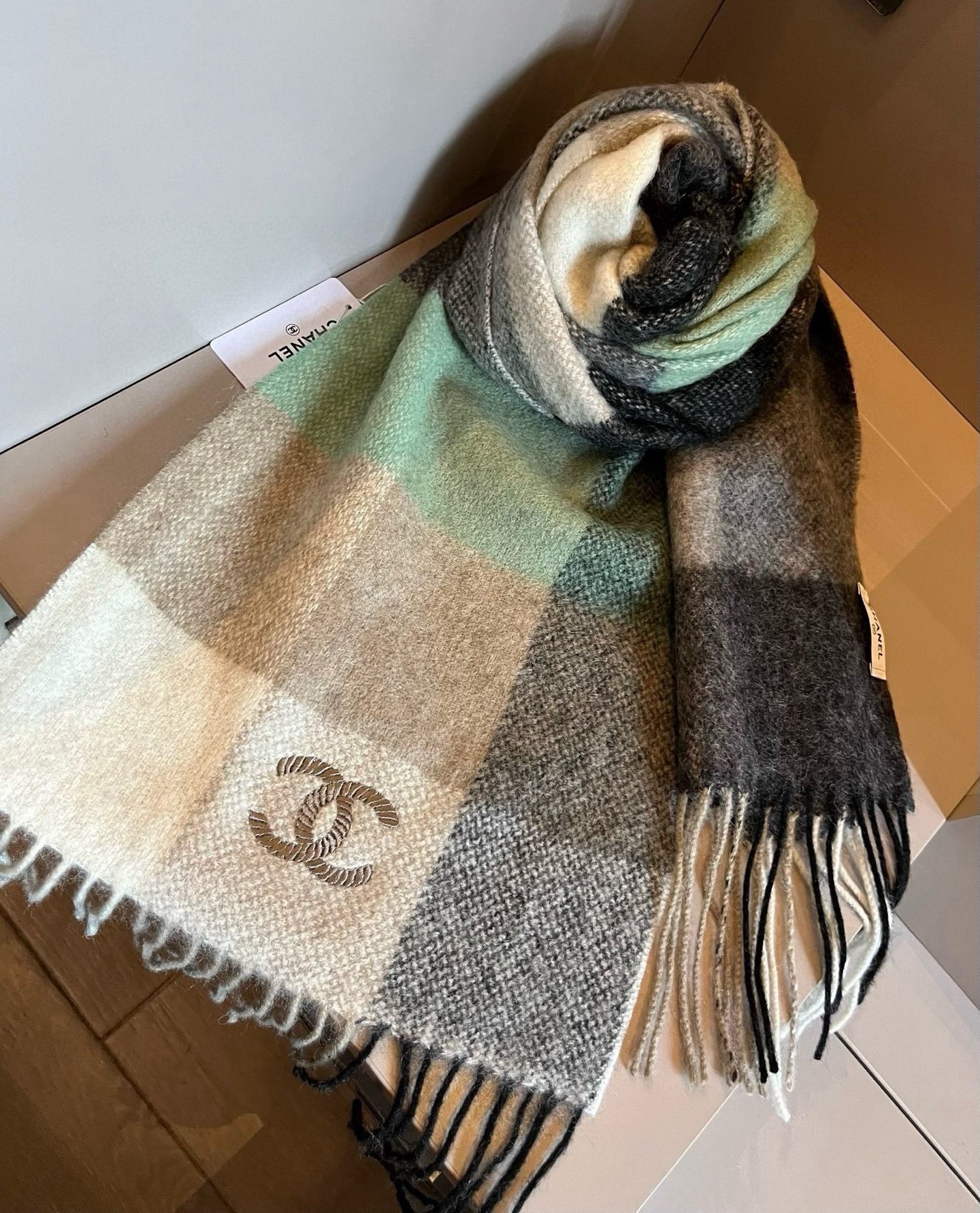 Chanel Cashmere Scarf Colorblock Beige For Women 200cm