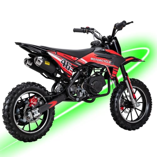 49cc Kids Dirt Bike, 2-Stroke Gas Powered Mini Dirt Bike for Kids Ages 8+, Dual Exhaust Sport Upgrade, Dual Disc Brakes & Suspension, Safe Chain Guard, 10