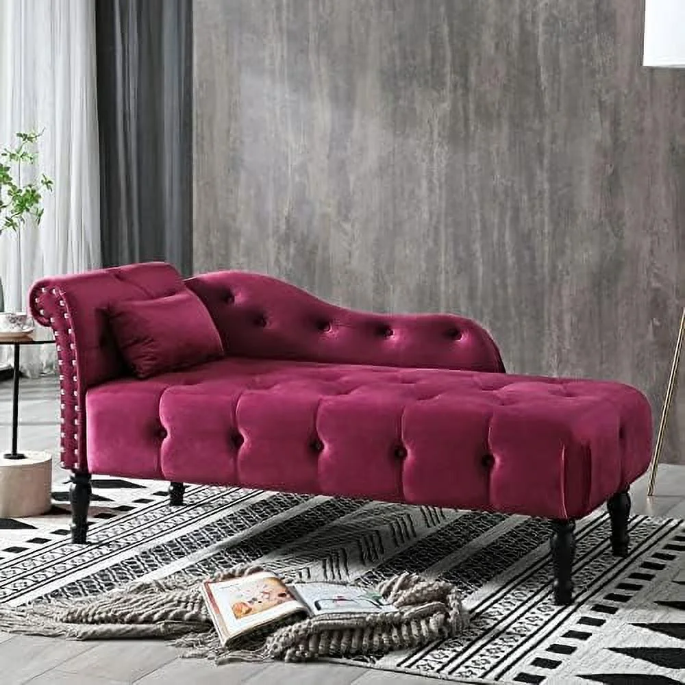 TJUNBOLIFE Velvet Chaise Lounge Indoor  60\u201D Tufted Upholstered Lounge Chair with Pillow & Rolled Arm Nailhead Trim for Bedroom Living Room Office  Grey