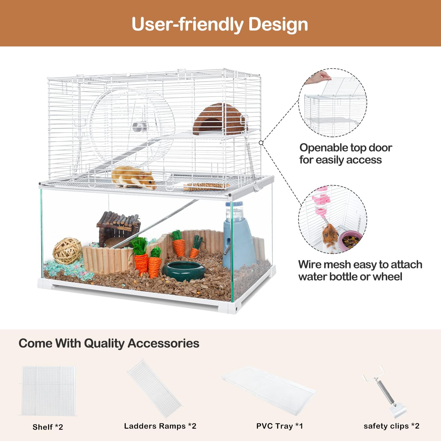 3 Tiers Large Hamster Cages, Glass Hamster Cage Habitat with Openable Wire Topper, Gerbil Cage with Two Ladders Ramps and Removeable Waterproof PVC Tray, Easy to Clean