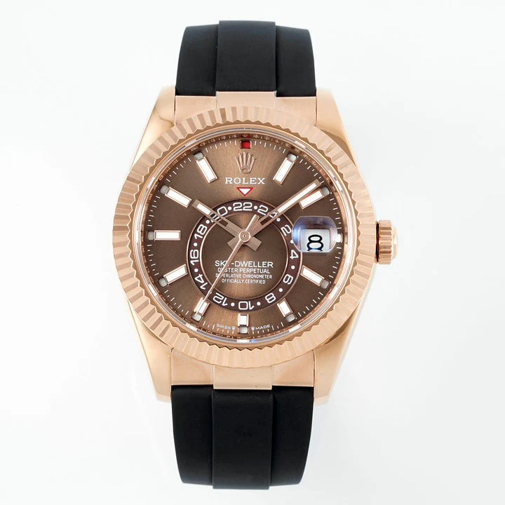 Rolex Sky-Dweller 42mm Rose Gold Case Brown Dial Rubber Strap