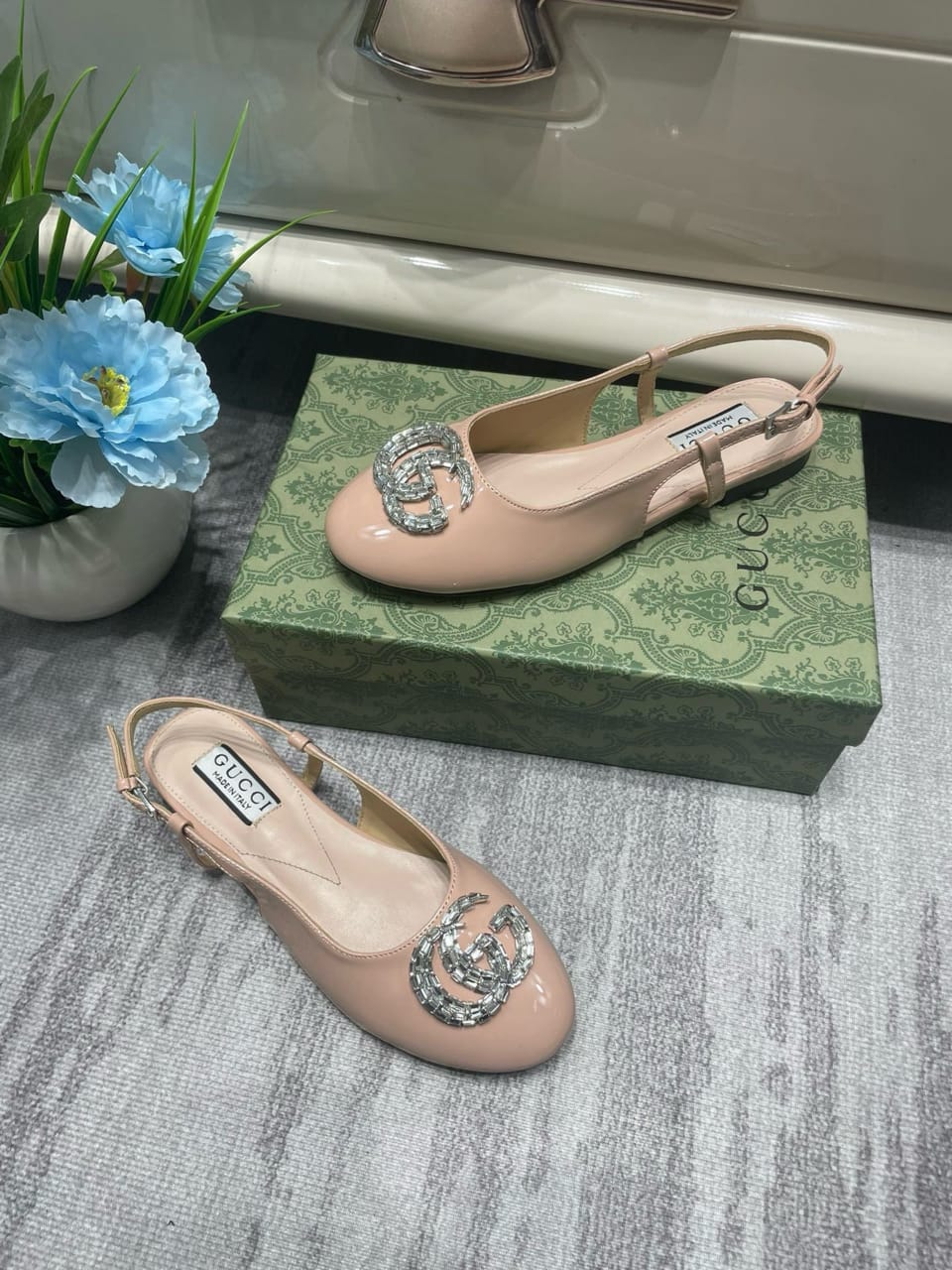 Gucci Logo Embellished Slingback Flats Light Pink