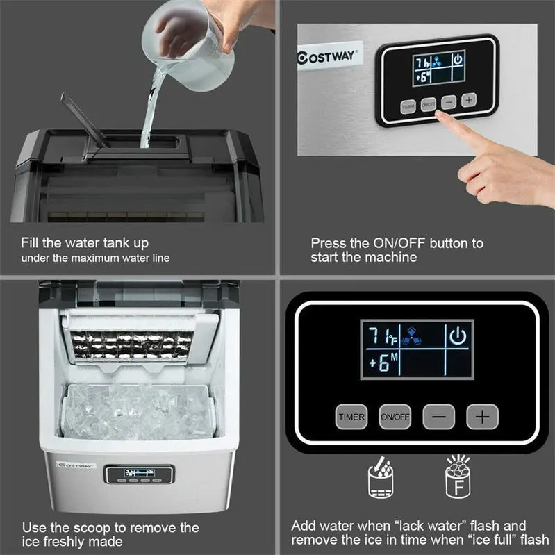 Stainless Steel Countertop Ice Maker – 48LB/24H Output, LCD Display, Self-Cleaning Function & Ice Scoop Basket
