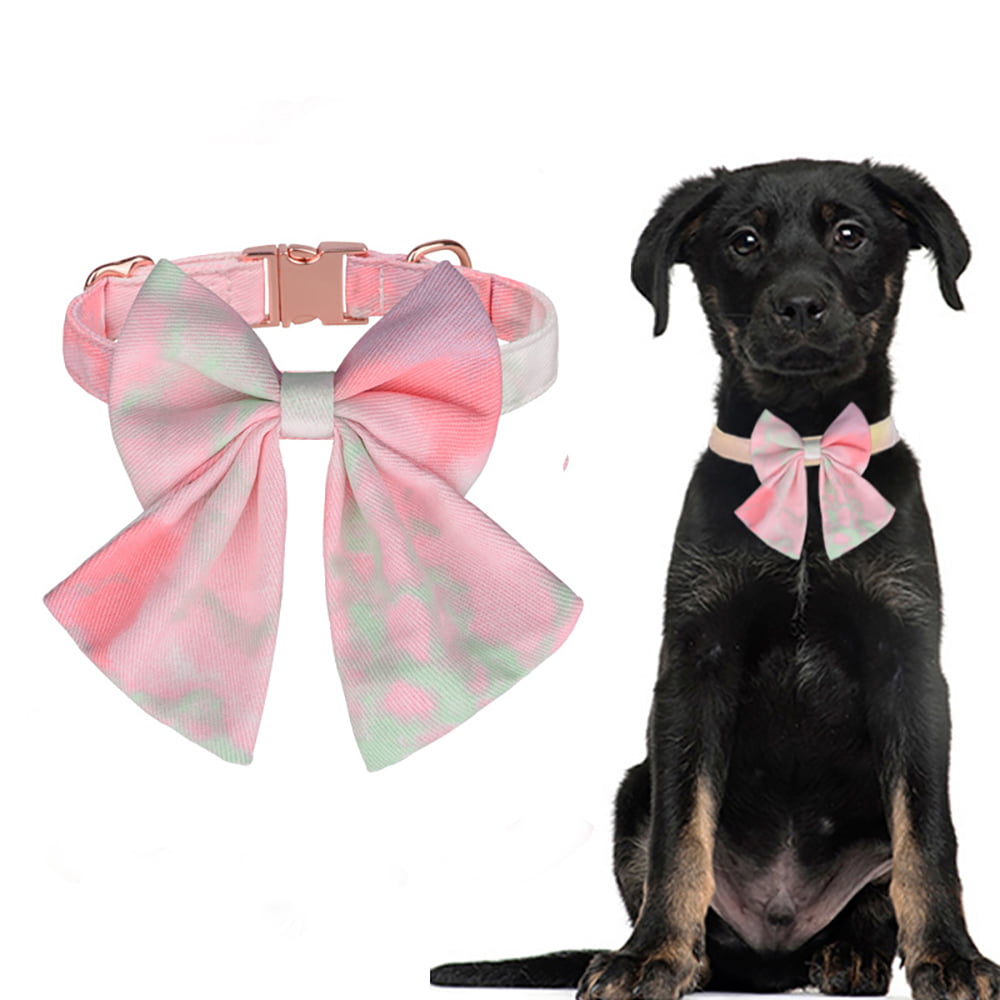 Bowtie Dog Collar , Cute Pink Cotton Linen Breathable Dog Collar Bow Tie ,Detachable Bowtie, Adjustable Collarfor for medium large dogs