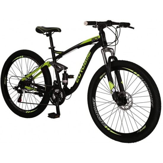 E7 Adult Mountain Bike 18 inch Steel Frame 27.5 inch Muti Spoke Double Alloy Wheel Disc Brake 21 Speed Gears Full Suspension MTB Bicycle