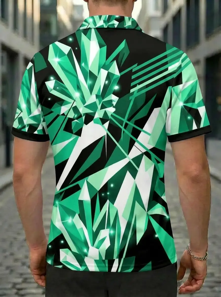 Moisture Wicking Golf Polo 3D Green Black White Crystal Diamond Button Short Sleeve Golf Polo Shirt
