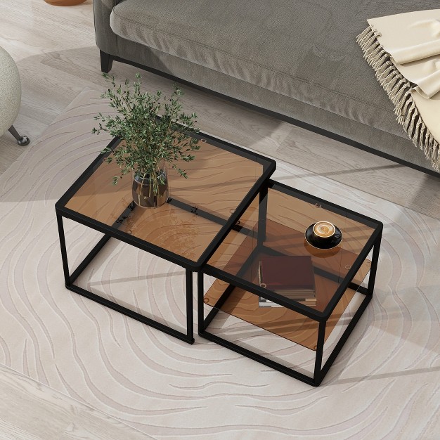 Modern Nesting Brown Tempered Glass Coffee Table Set With Metal Frame Modernluxe