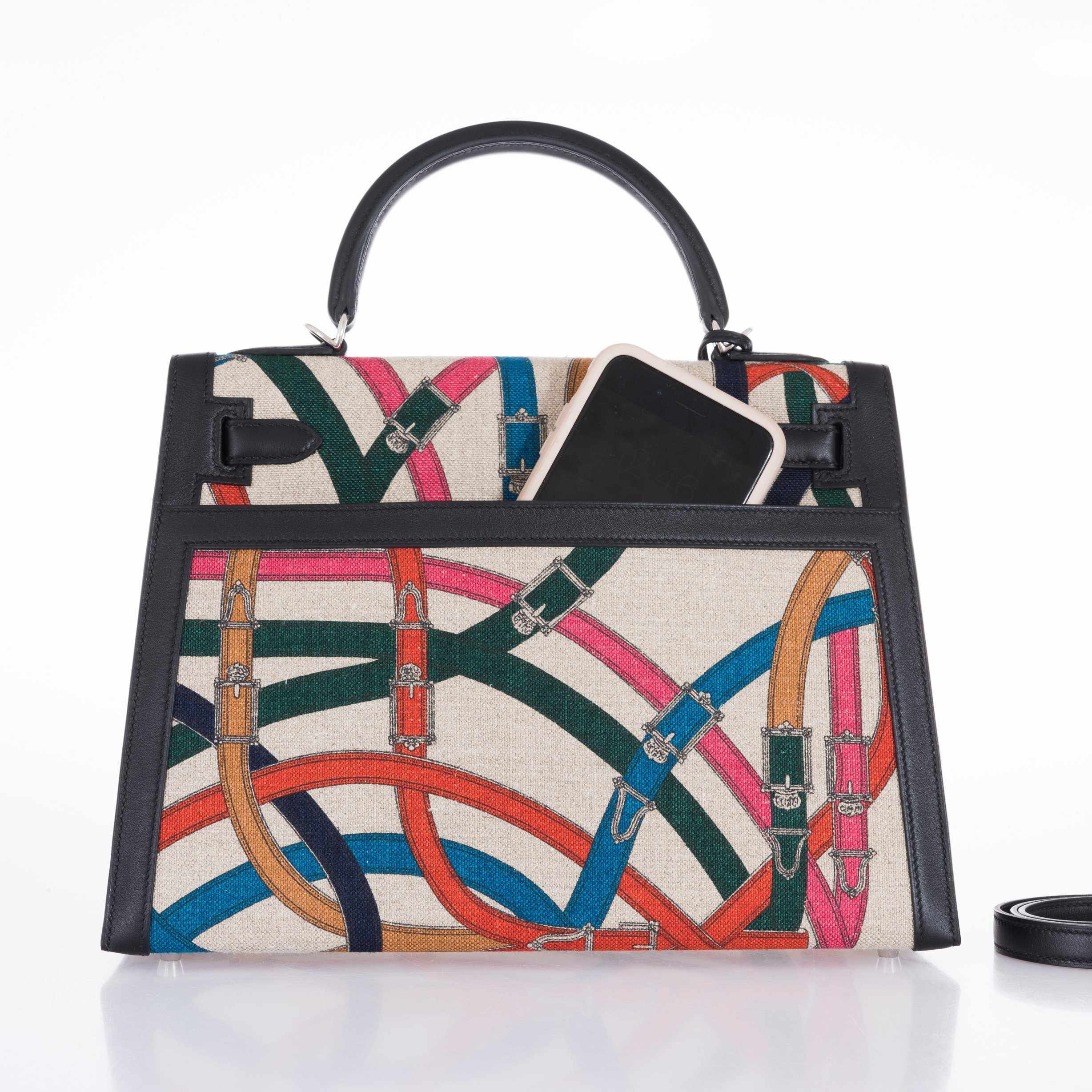 Hermès Kelly 32 Sellier Toile de Camp Cavalcadour and Noir Leather Palladium Hardware