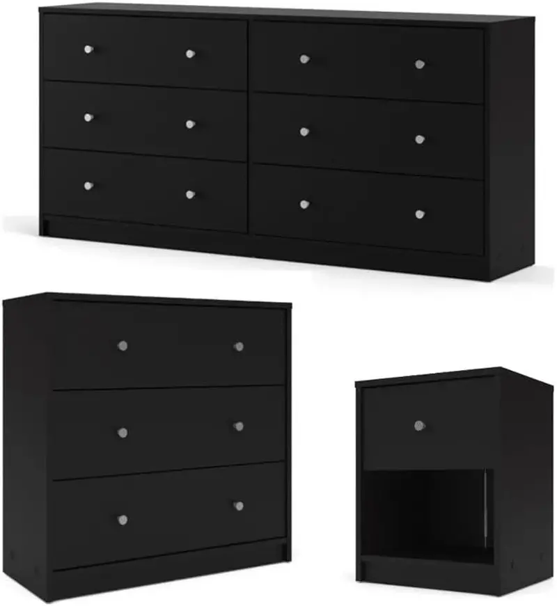 Scandinavian-Style Bedroom Furniture Set – Engineered Wood 3-Piece Collection with Chest, Dresser, and Nightstand in Black