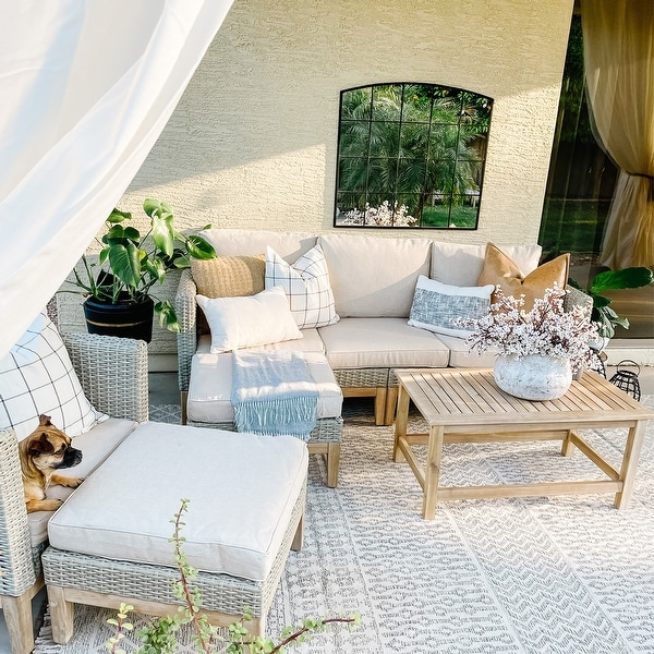 MAISON ARTS 5Piece Outdoor Rattan and Acacia Wood Sectional Sofa Set,Patio Wicker Conversation Set with Coffee Table