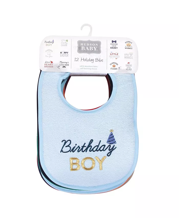 Hudson Baby Infant Boy Cotton Terry Drooler Bibs with Fiber Filling 12pk, Cute Boy Holiday Sayings, One Size