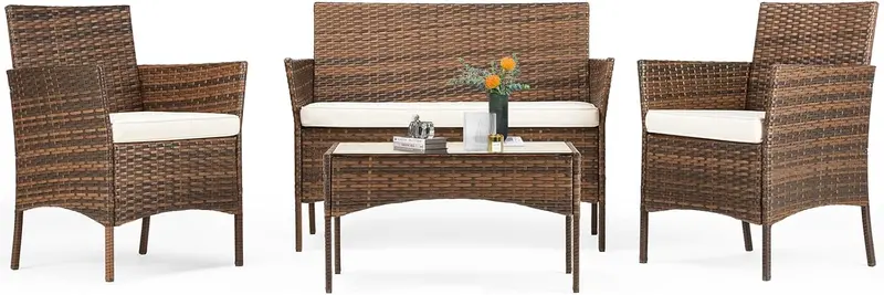 Sweetcripy 3-Piece All-Weather Patio Set – Woven Rattan Chairs with Cushions and Tempered Glass Table