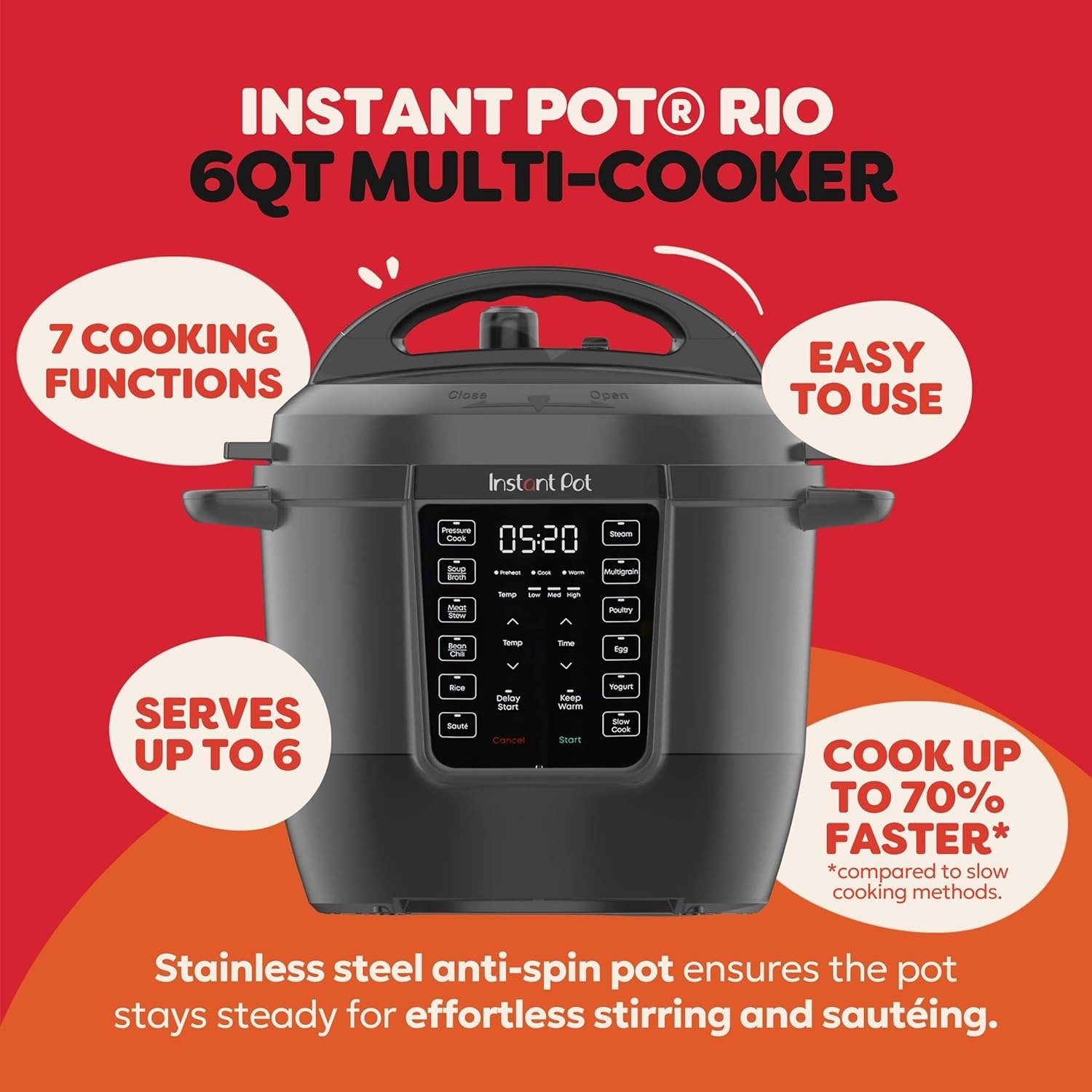 7-in-1 Multi-Cooker, Pressure Cooker, Slow cook, Sauté, Steam, Rice Maker, Yogurt, & Warmer, Black, 6 Quarts