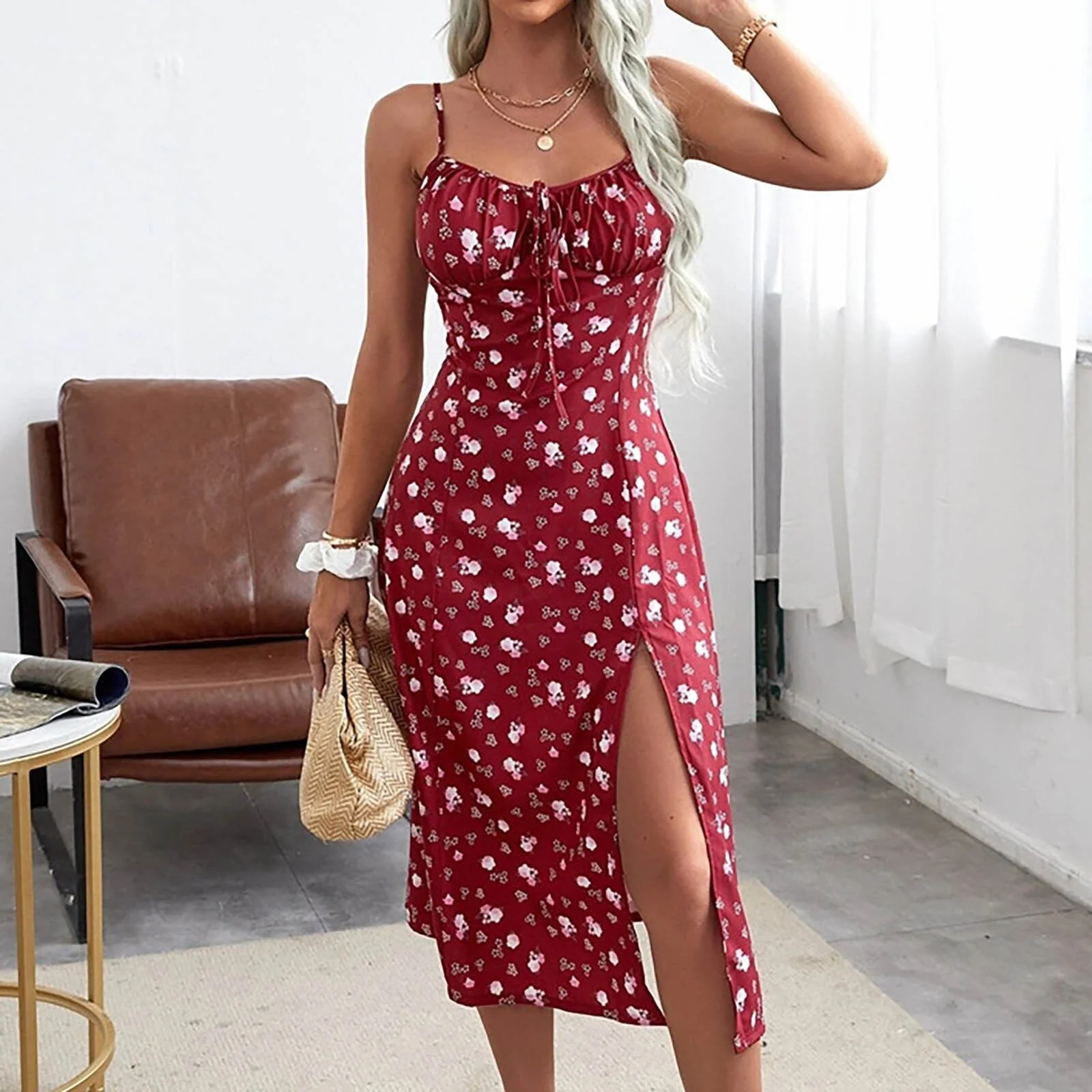 Strappy Floral Midi Dress with SlitClistos