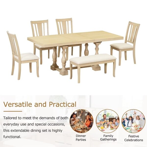 Extendable Dining Table Set with Removable Leaf,Padded Chairs and Bench