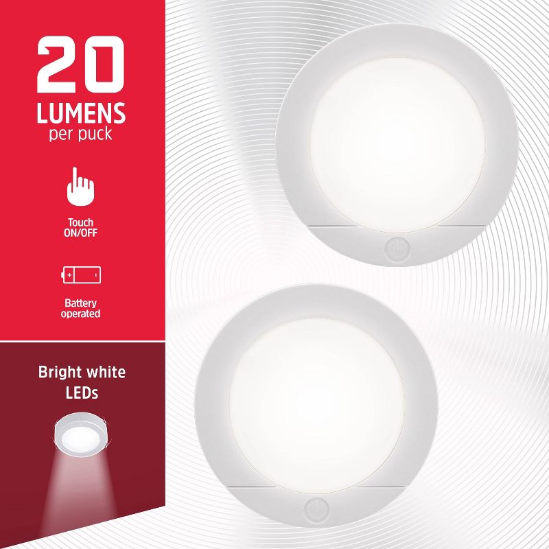 Energizer 2pk LED Battery Operated LED Puck Lights Indoor Touch Activated 20lm White: Tap Light for Closet, UL Listed
