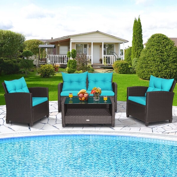 Costway 4 PCS Patio Rattan Furniture Set Glass Table Shelf Sofa