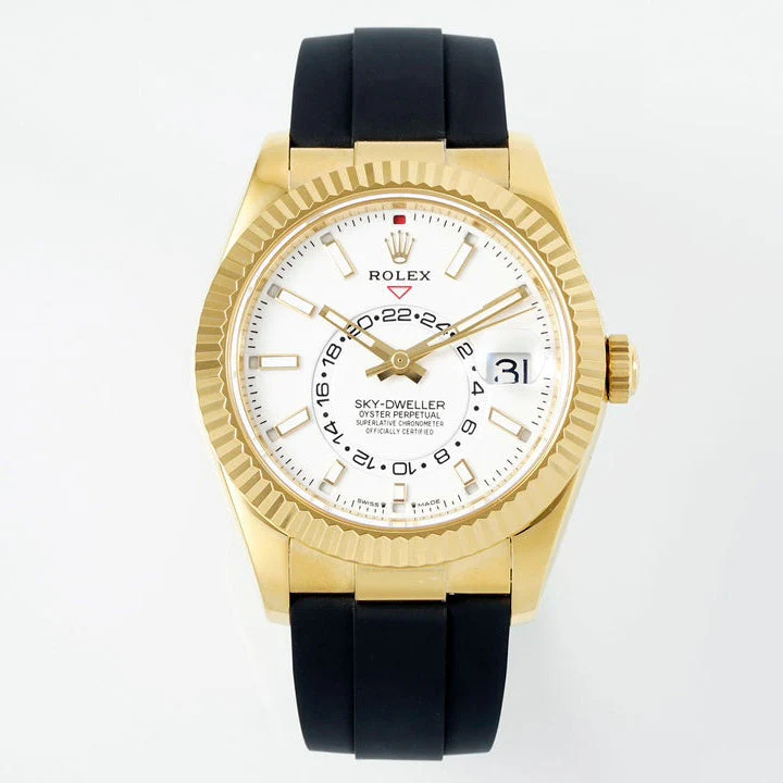 Rolex Sky-Dweller 42mm Gold Case White Dial Rubber Strap
