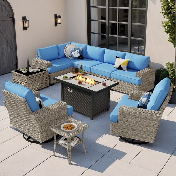 OVIOS 10 Pieces T shaped Seat Wide Armrest Swivel Chair Set With SolarPowered TableandFire Pit