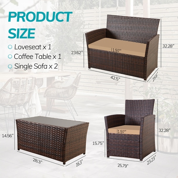 4 PCS Wicker Patio Conversation Set Rattan Seating Sofa Chair