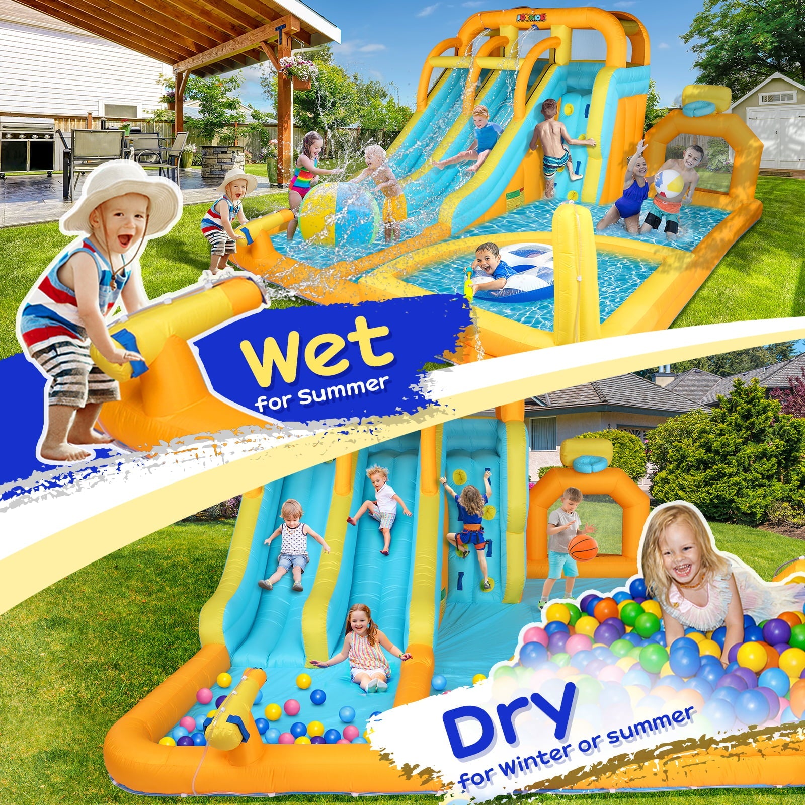 JOYMOR 8-in-1 Inflatable Water Slide Park w/ Splash and Deep Pool,, Climbing Wall, Giant Blow up Bounce House for Kids Backyard Party Age 3-12 (Included 750w Blower), Plastic, Child