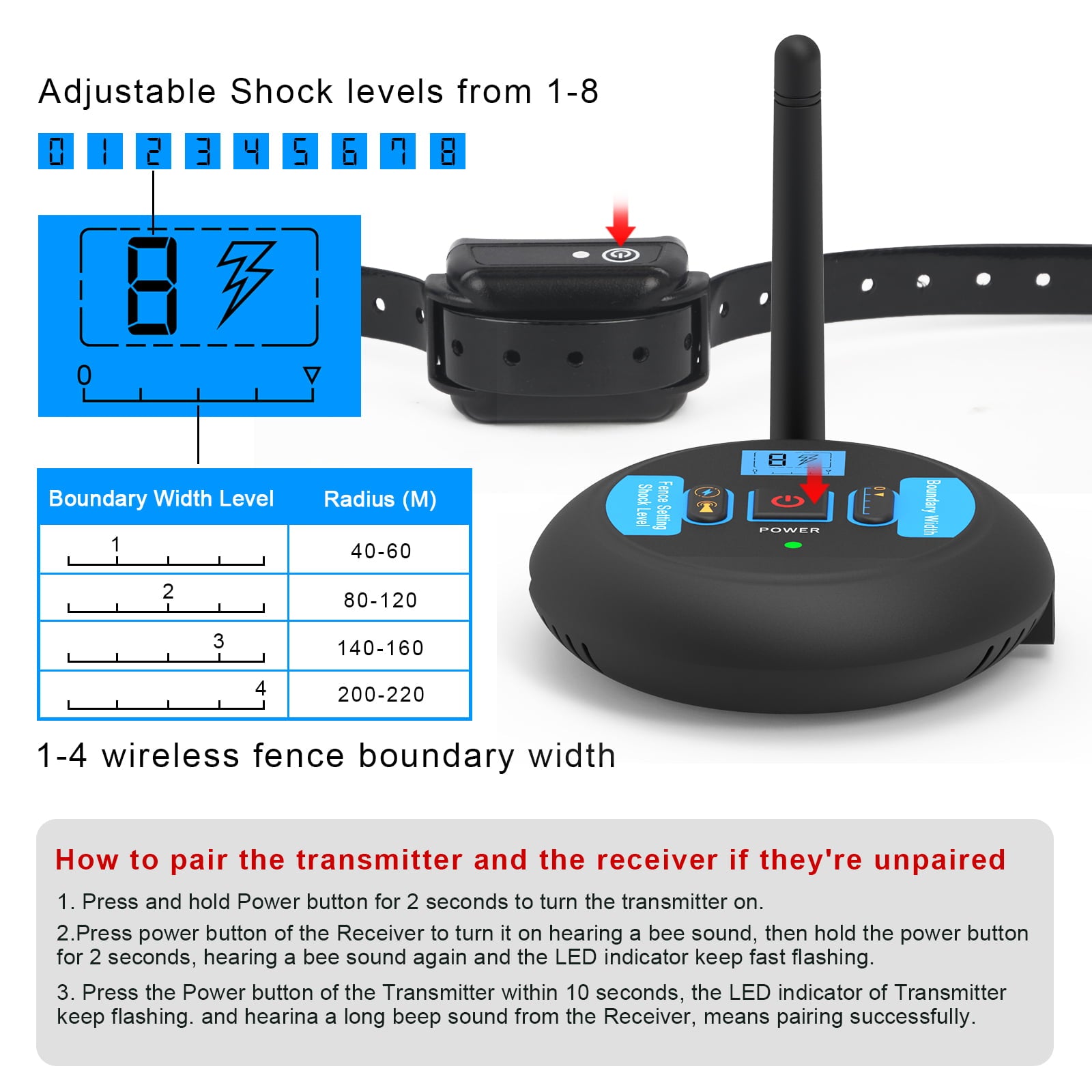 Wodondog Wireless Dog Invisible Fence for 1 Dog Signal Coverage Diameter 400M, Electric Fence and Containment System
