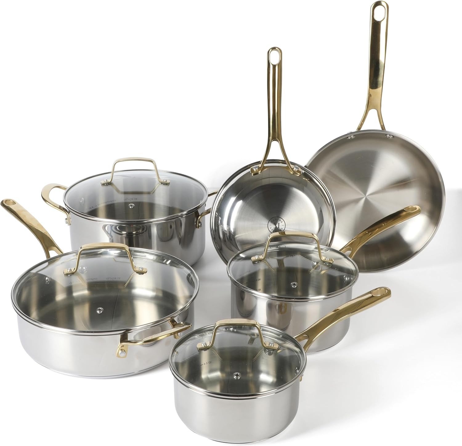 10-Piece Stainless Steel Cookware Set Induction Safe Gold Handle Brushed Finish