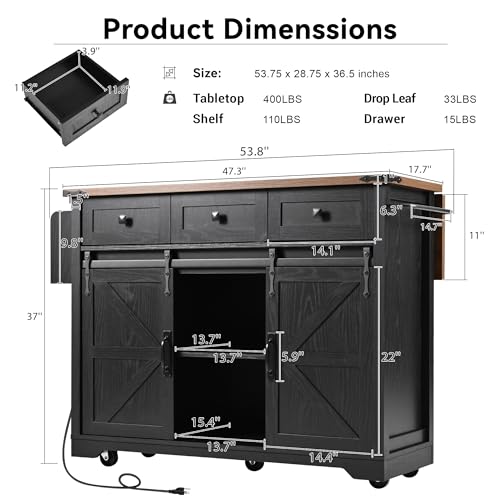 53.5''Farmhouse Kitchen Island with Power Outlet, Kitchen Storage Island with Drop Leaf, Spice Rack and Drawer, Rolling Kitchen Cart on Wheels, for Home, Living Room and Dining Room, White