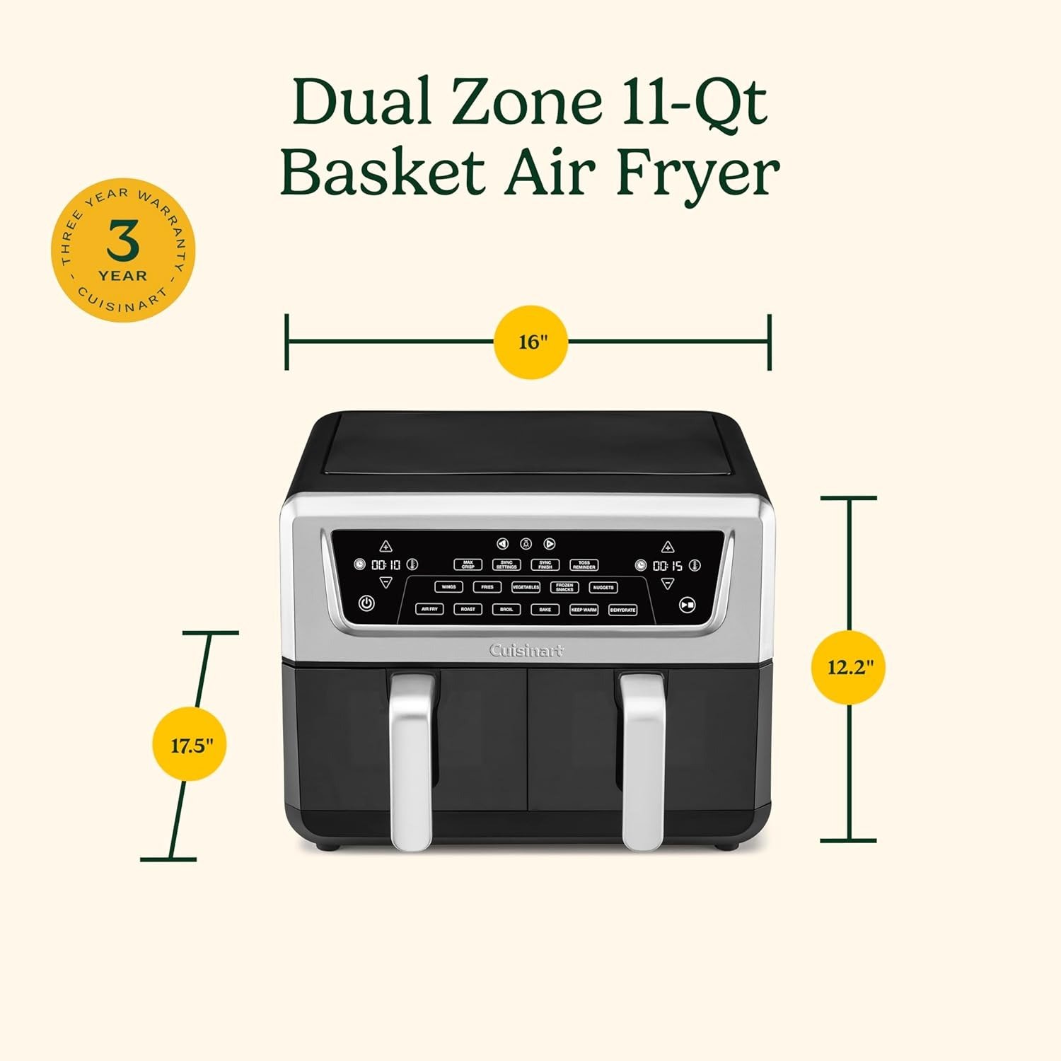 Dual Basket Air Fryer, Two Baskets 11 Qt in Total, 6 Functions: Air Fry, Roast, Bake, Broil, Dehydrate & Keep Warm