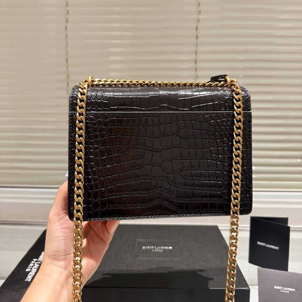Saint Laurent Sunset Medium In Crocodile Embossed Leather Black 22Cm
