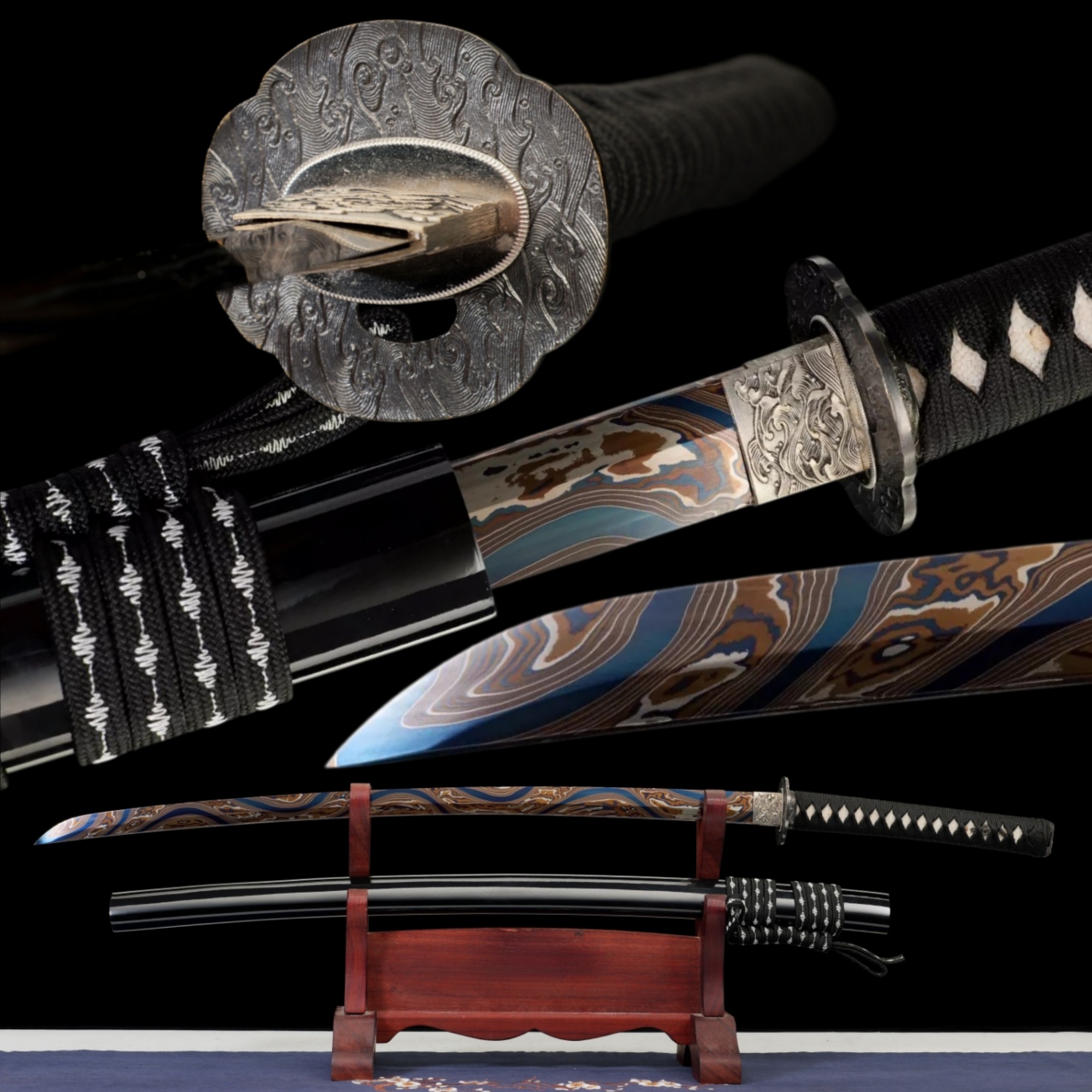 Japanese Samurai Katana Seikai Hand Forged Damascus Steel Blued Full Tang