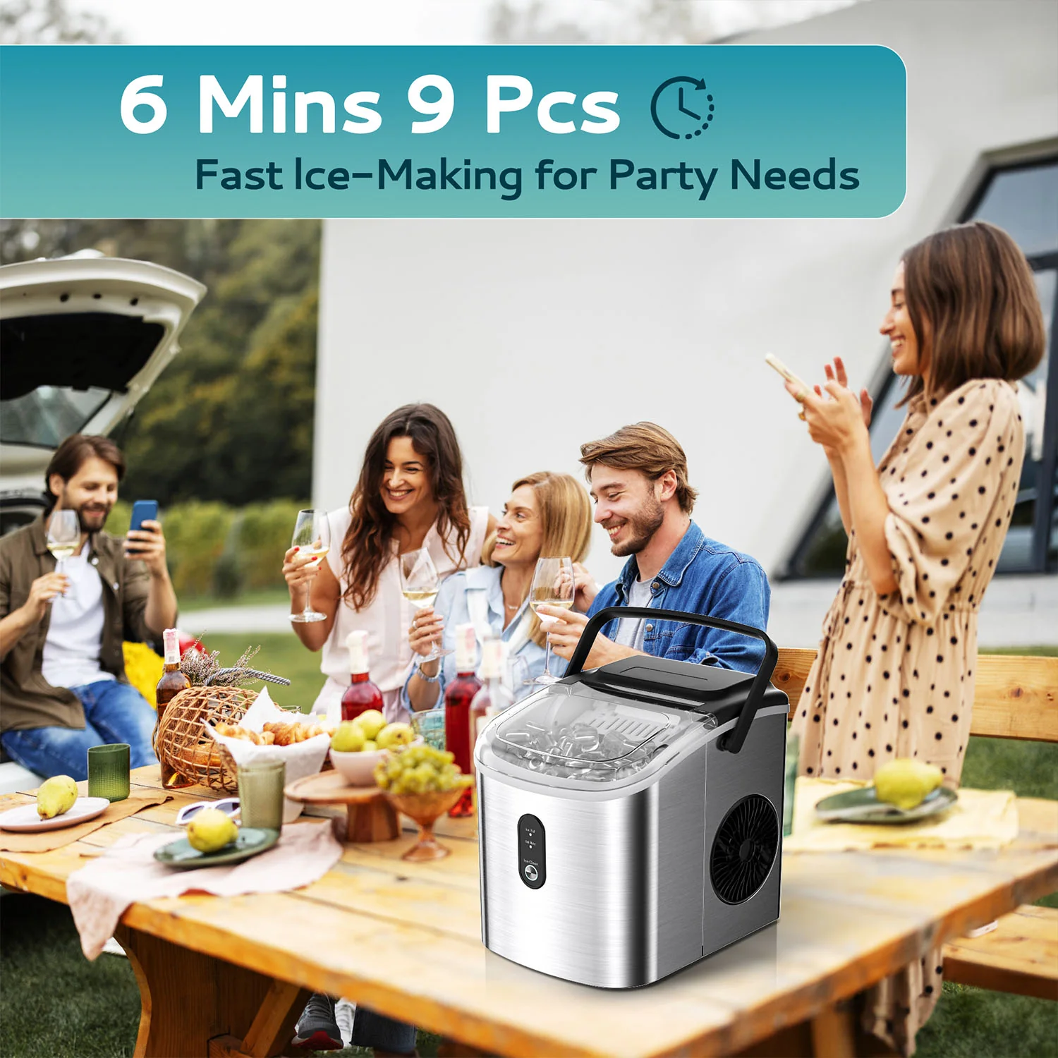 Countertop Ice Maker Machine with Handle 26.3lbs per Day 9 Cubes in 6 Mins