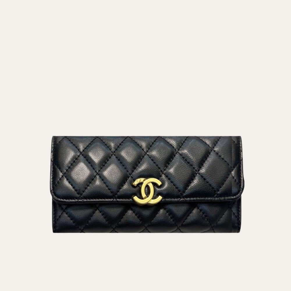 Chanel Cc Logo Long Flap Wallet Gold Black 7.5 Inches