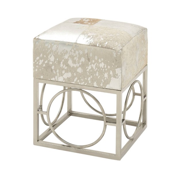 Contemporary Stainless Steel And Cowhide Leather Stool Ottoman Silver Olivia amp May