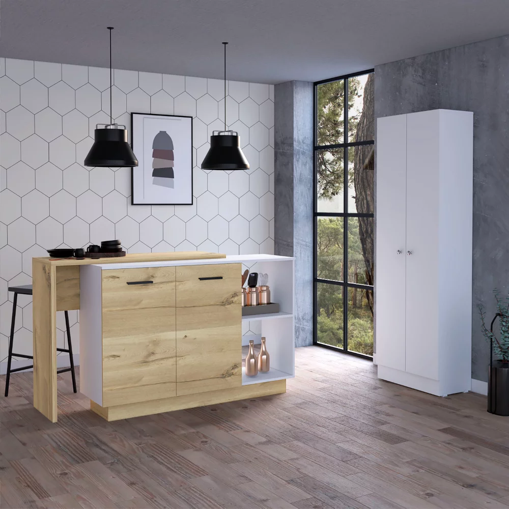 CoSoTower 2-Shelf 4-Door 2-Piece Kitchen Set, Kitchen Island and Pantry Cabinet White and Light Oak
