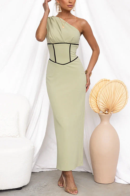 One Shoulder Color Block Maxi DressClistos