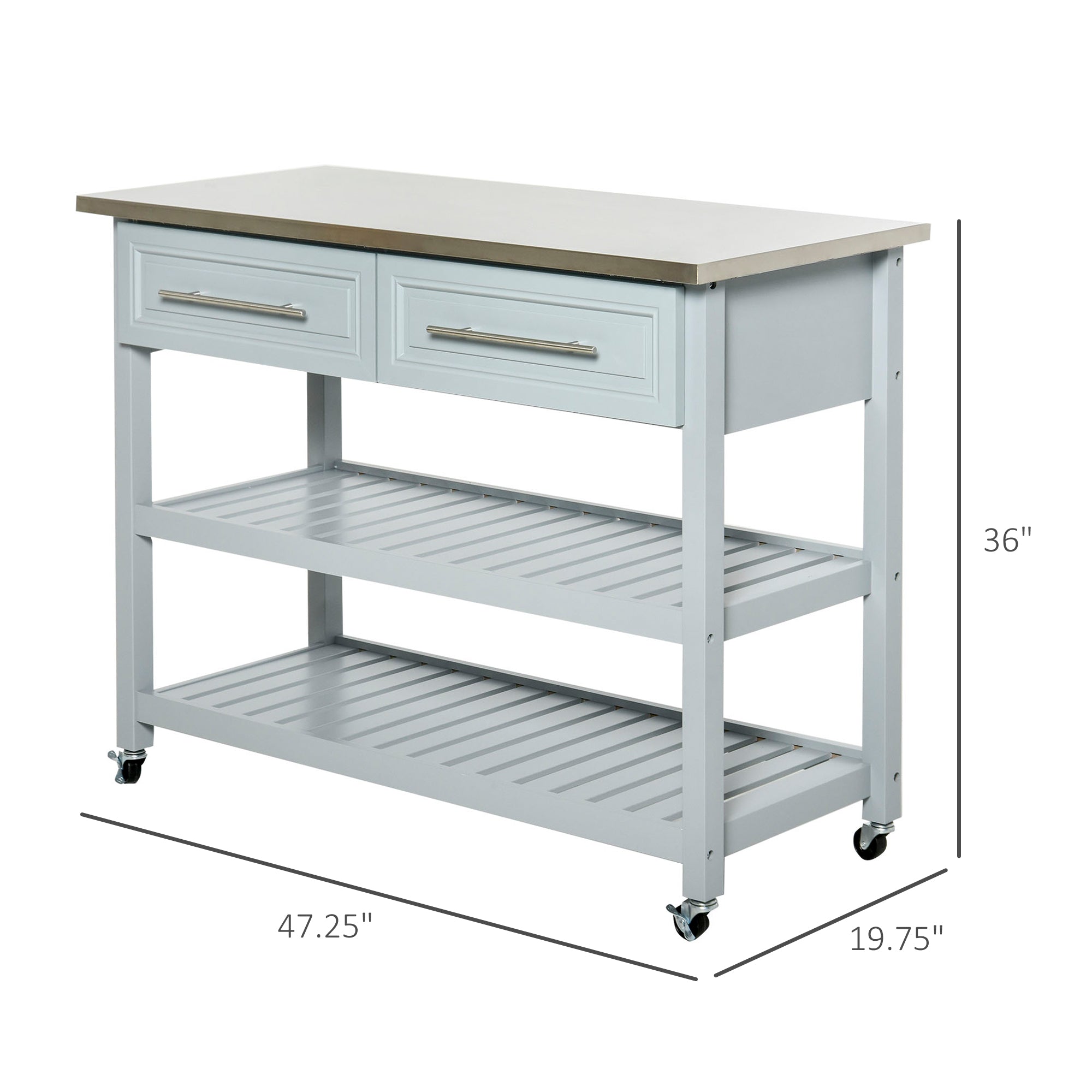 HOMCOM Rolling Kitchen Island Cart with Drawers, Shelves, and Stainless Steel Top - Grey