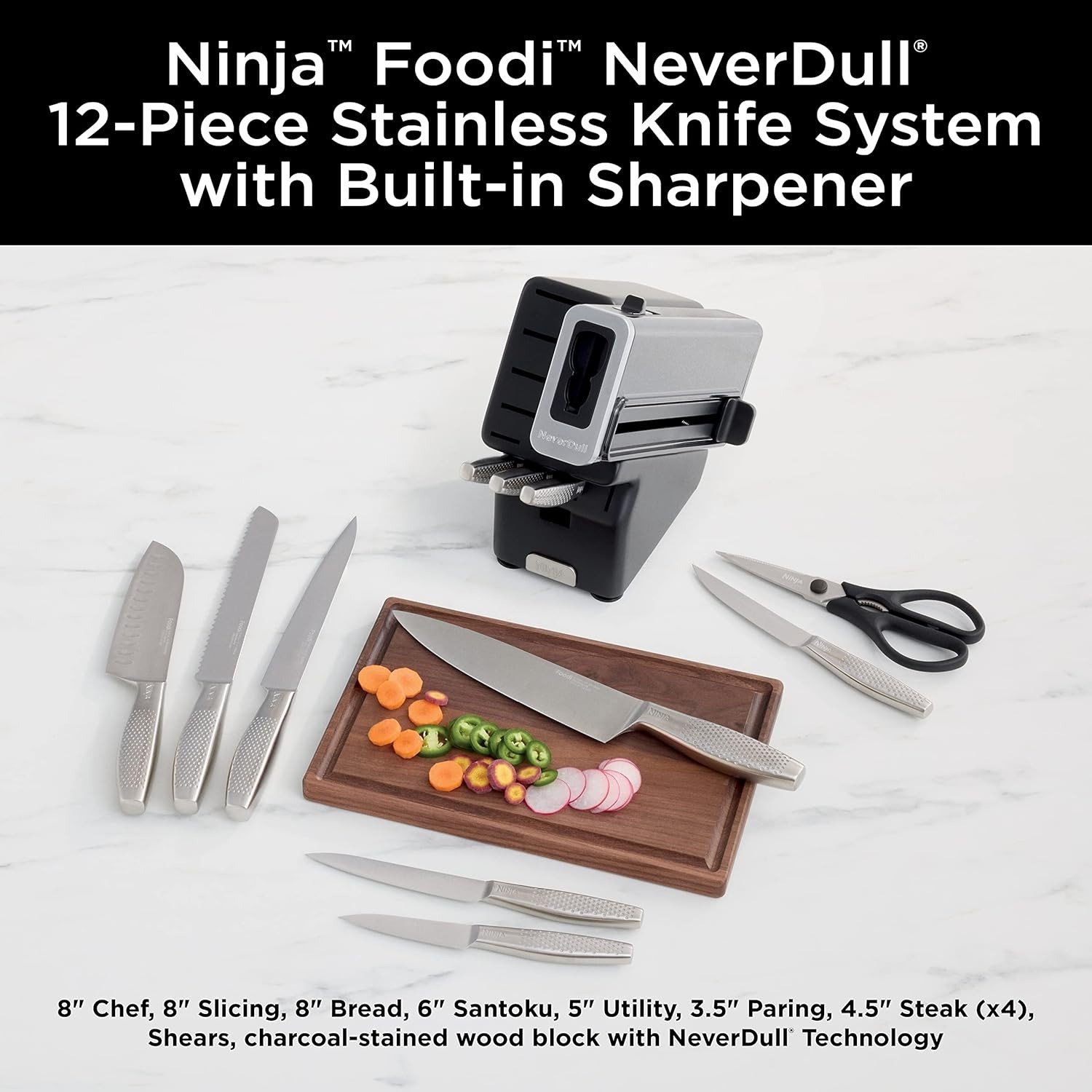 Premium 12-Piece German Stainless Steel Knife System with Built-in Sharpener, Stainless Steel/Black