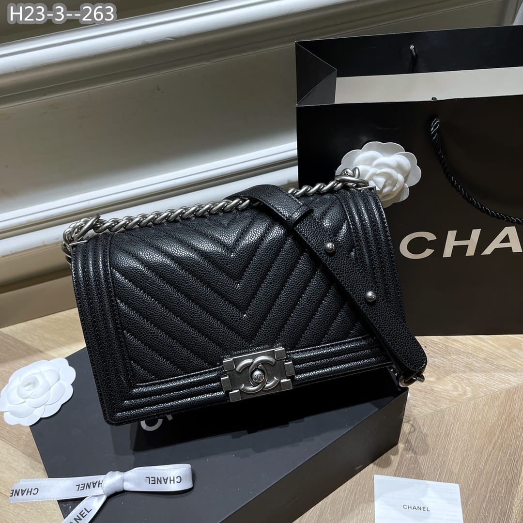 Chanel Boy Caviar Chevron Quilted Flap Bag Black 25Cm/9.8in