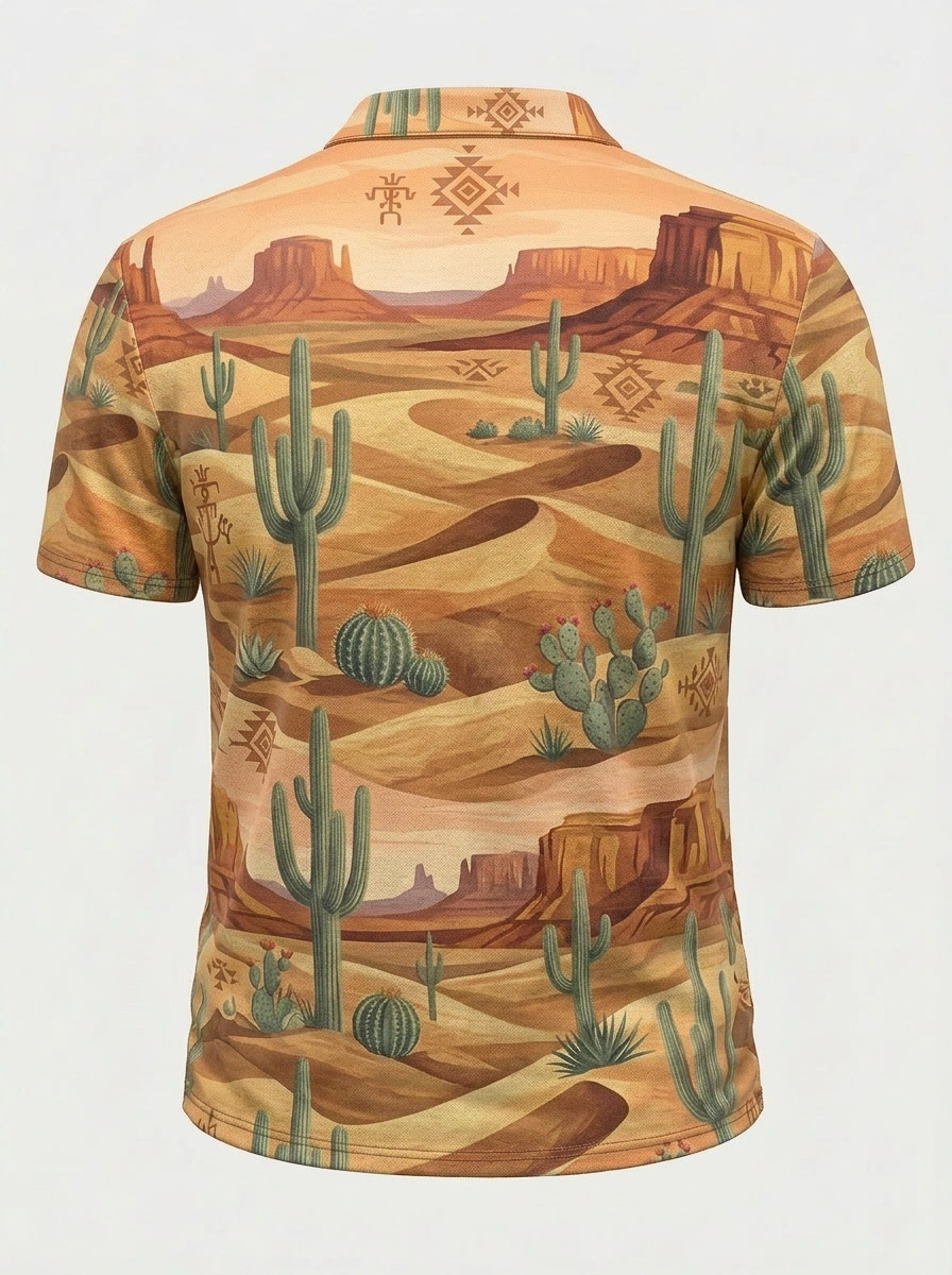 Moisture Wicking Golf Polo 3D Desert Cactus Western Button Short Sleeve Golf Polo Shirt