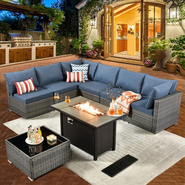 HOOOWOOO 8piece Patio Furniture Set Wicker Sectional Sofa with Fire Pit Table