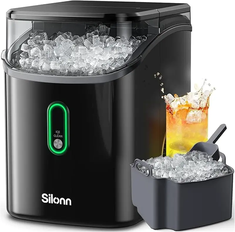 Silonn Countertop Nugget Ice Maker — 33 lbs/Day Soft Chewable Pebble Ice Machine with Auto-Cleaning & Scoop (Black)