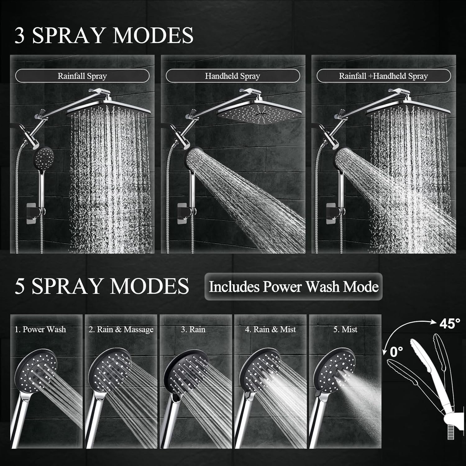 14′′ Wide Rain Shower Head with Handheld, High Pressure Handheld Shower Heads with Multi Spray Modes, Rainfall Combo with Metal Extension Arm,Detachable Dual Shower, Extra Long Hose,Silver Chrome