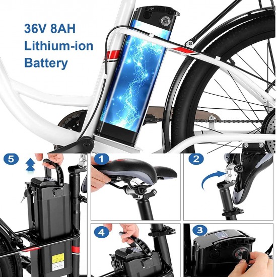 26″ Electric Cruiser Bike,350W Electric Bike/City Ebike with Removable 36V 8Ah Lithium-ion Battery,Shimano 7 Speed Commuter Electric Bicycles,20MPH & 50 Mile Range Adult Electric Bikes
