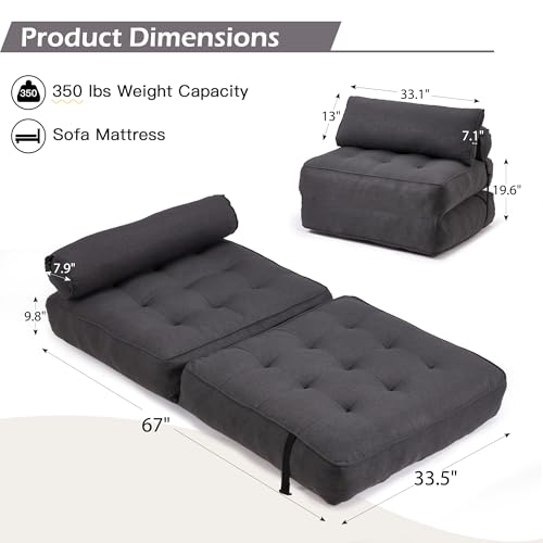 GYUTEI Folding Sofa Bed, Convertible Sleeping Chair with Backrest Support and Soft Corduroy Fabric，Fold Couch Bed with Pillow for Small Spaces/Living Room/Bedroom/Apartment, Single Size,Grayish Blue